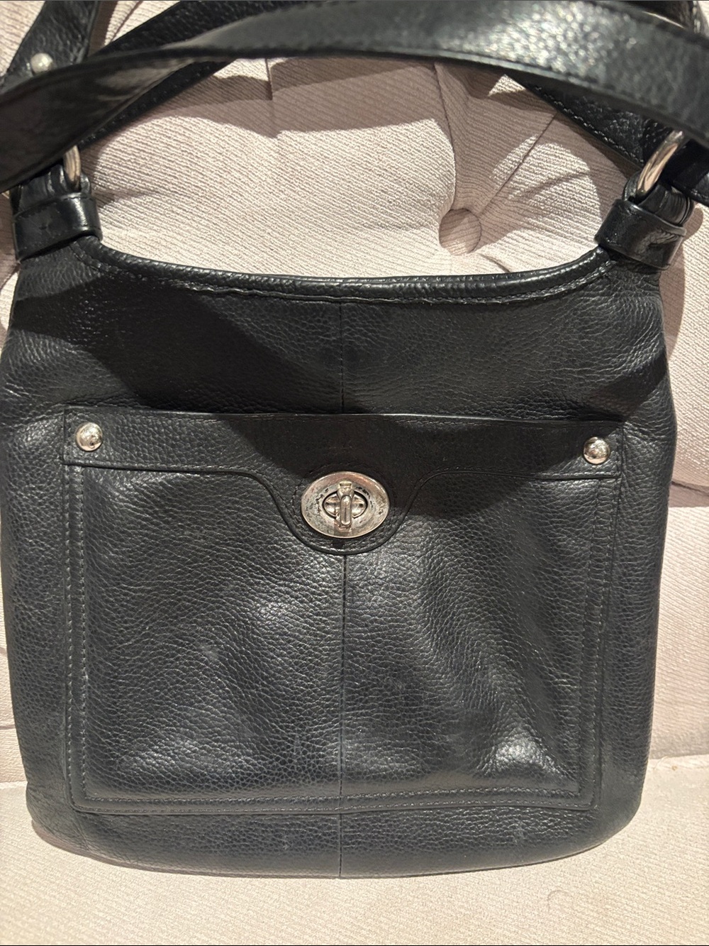 Coach Penelope Black Pebbled Leather Shoulder Bag with Turn-Lock